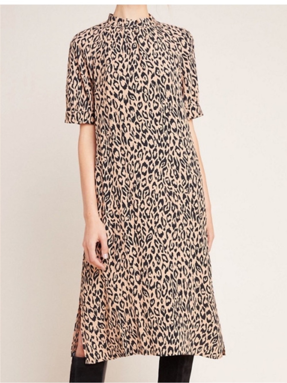 Anthropologie tan black cheetah print midi dress Mackenzie size XS